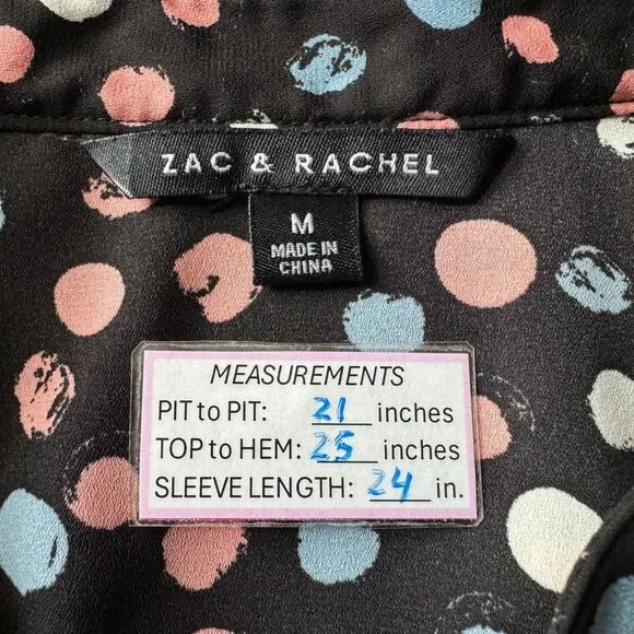 Zac & Rachel Top Sz M Black Multicolor Print Henley Roll Up Sleeves - Picture 4 of 6